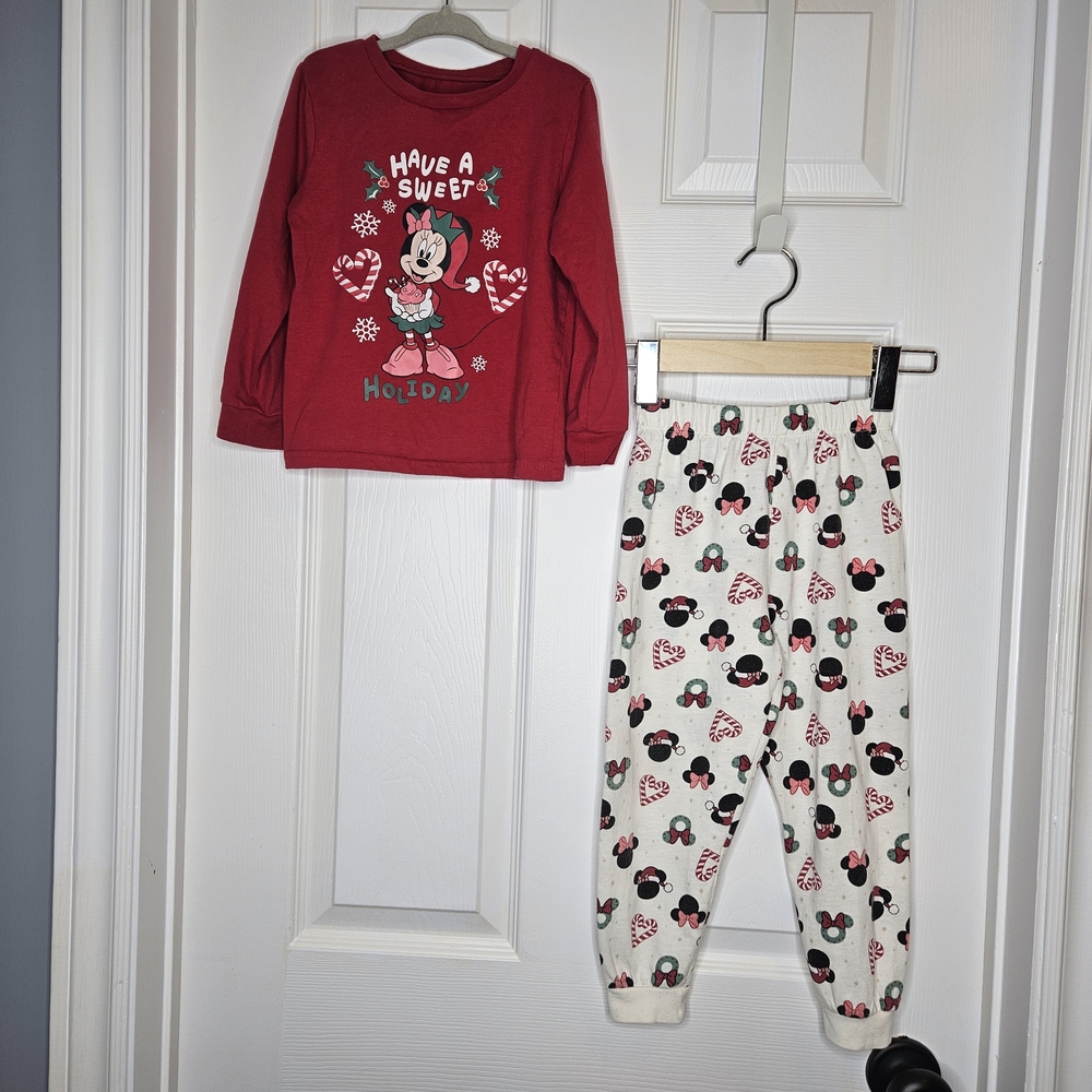 Disney Girls Minnie Mouse Christmas Pajamas Set Red Cream Candy Cane PJs Size 5T